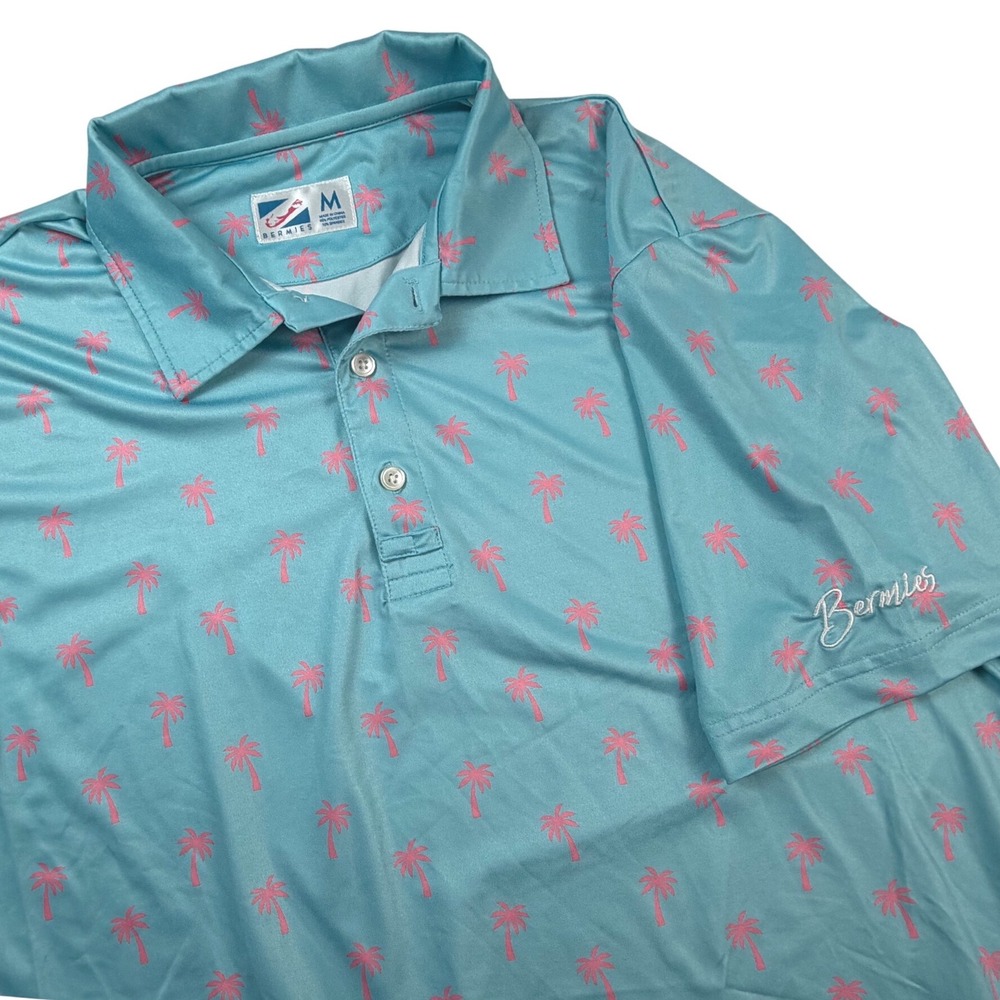 Bermies Mens Performance Polo Shirt Medium Blue Pink Palm Tree Tropical Golf